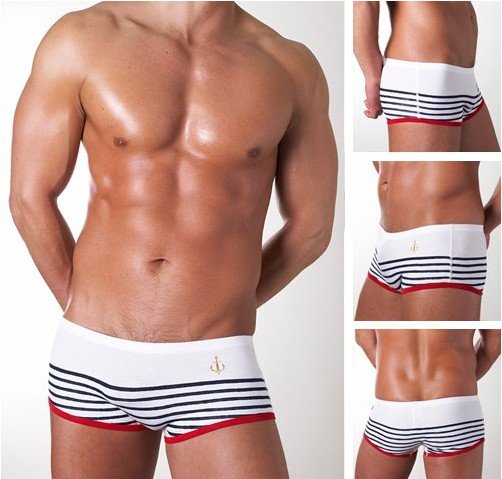 Waist with Rope Hot Sell Men's Sexy Swimming Trunks Swimwear Beachwear Comfortable Underwear(Dark Blue / White)