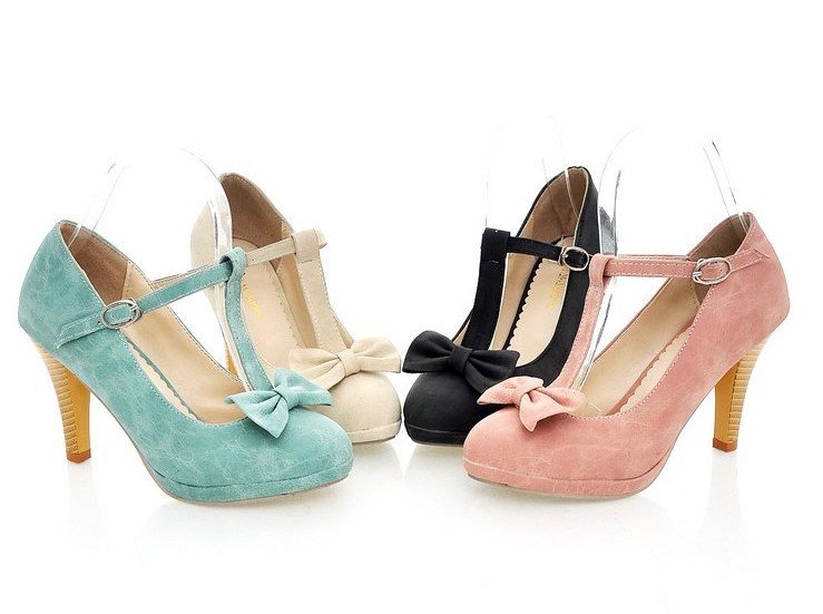 New Arrival Plus Size Round Toe Platform T-Strap Bow Black Pink Apricot Blue Nubuck Shoes