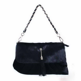 Black Fluffy Women's Genuine Leather Handbags & Shoulder Bags
