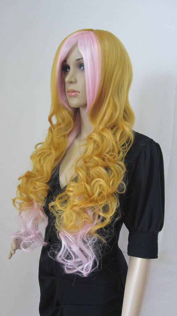 Pink Beige Color Long Curls Stylish Synthetic Hair Costume Wigs