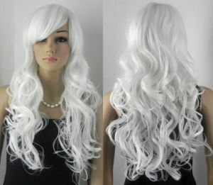 Lady's Super Long White Color Curly Style Synthetic Wigs