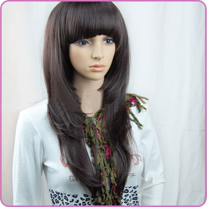 Dark Brown Japanese Synthetic 25.6 Inch Straight Full Lace Wigs