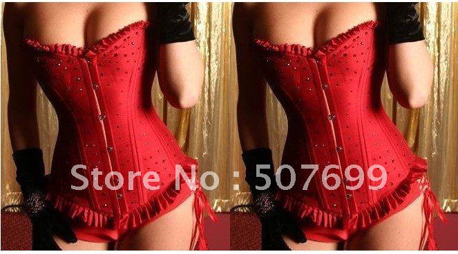 Red Sexy Garters Belt Silk Fabric Satin Corset+G-string Lingerie Dress