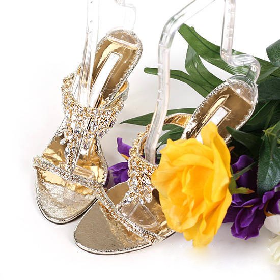 Women Gold Heel Crystal Women Diamond Heel Slippers Sandal Shoes