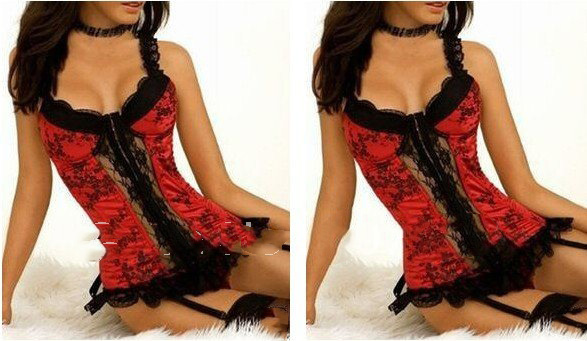 Black Red Sexy Lace Garters Belt Corset G-string Lingerie Dress