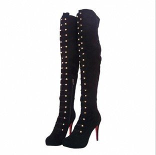 Calf Leather Gold Buckle Black High Heeled Suede Over Knee Boots