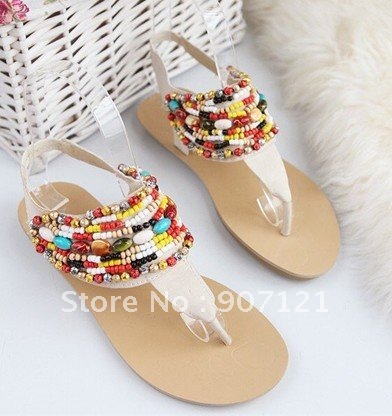 Fashion Summer Women's Bohemian Handmade Color Pearl Low Heel Sandal Slippers