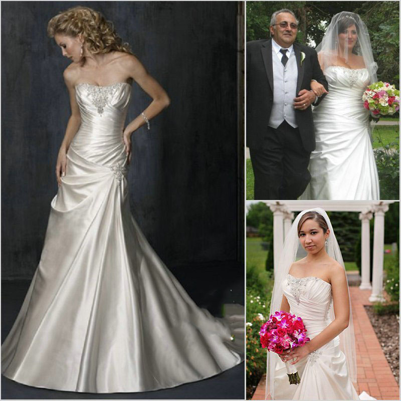 Strapless A Line Beaded Ruffle Bride Wedding Evening Dress