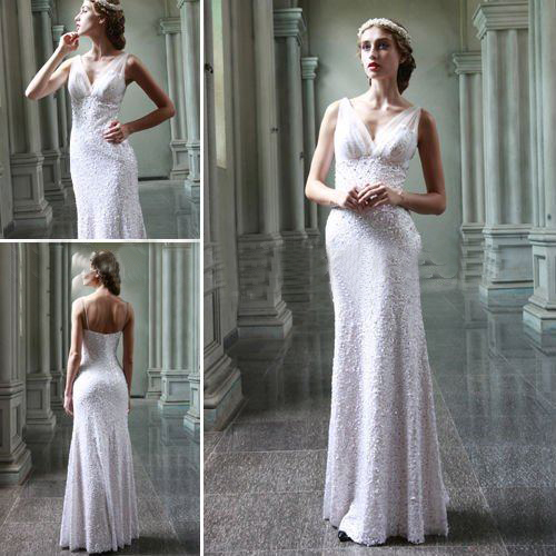 Fashion Beaded Chiffon Deep V Neck Wedding Bridal Dress