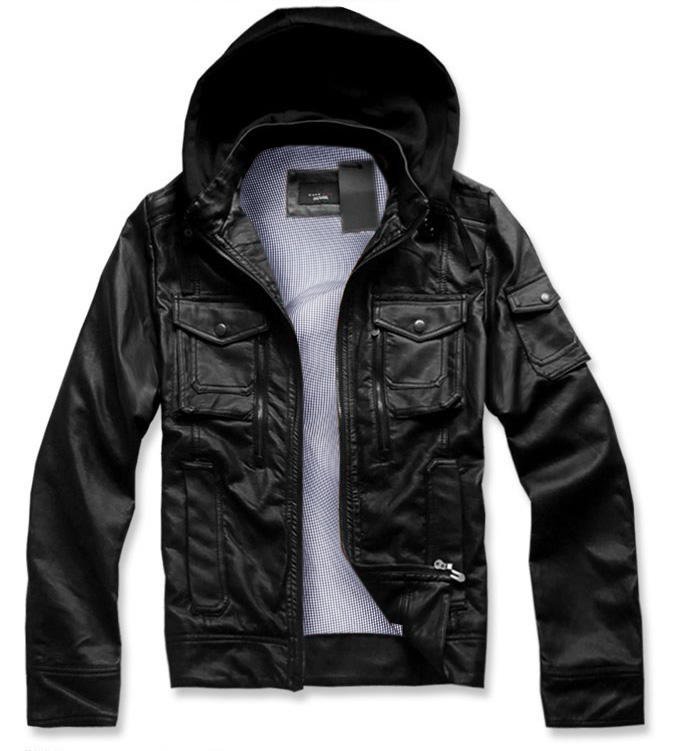 Black Polyester Fabric & Leather With Zipper Men's Jackets & Coats