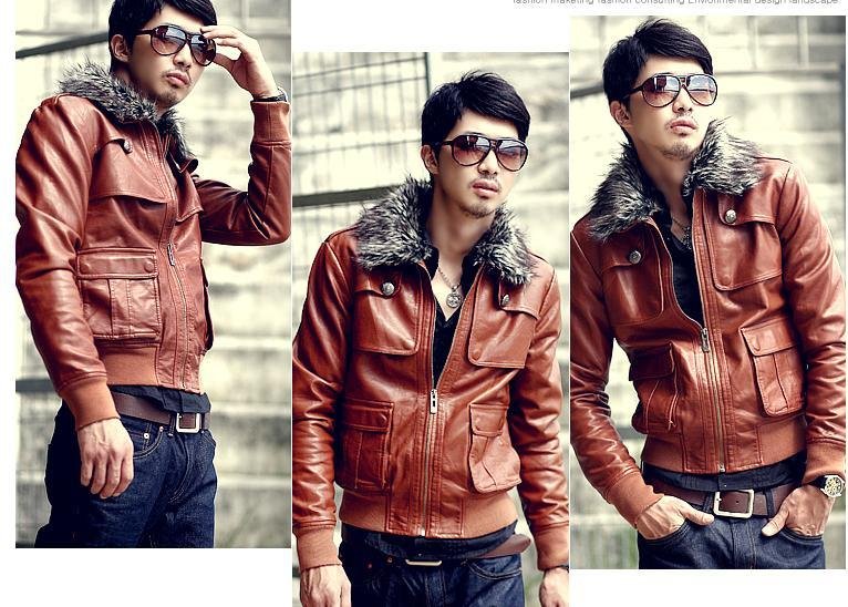 Slim Style Leather Material Fur Collar Men's Jacket