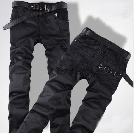 Men's Black Gem Buckle Slim Fit Middle Lumbar Pants