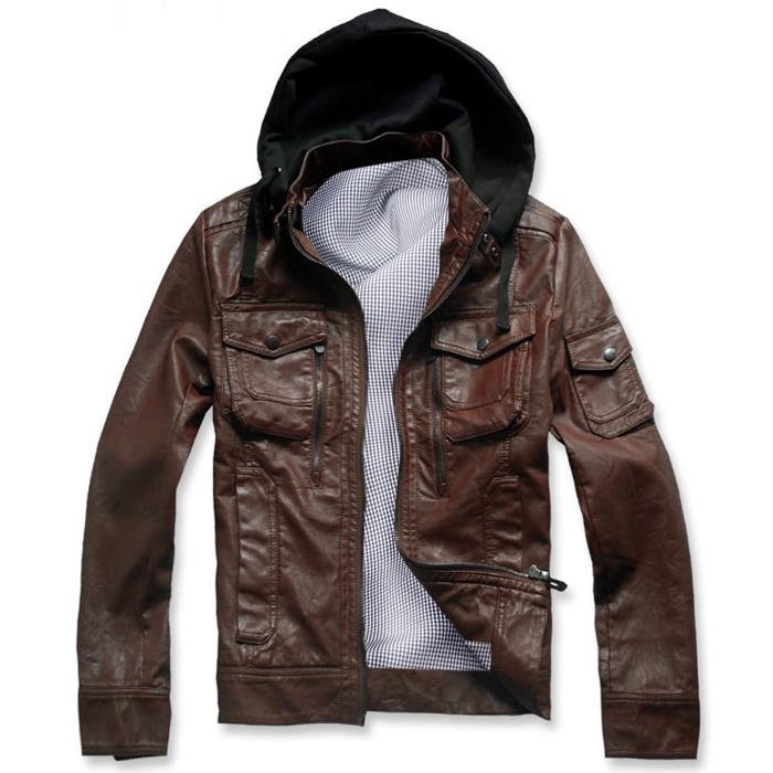Brown Leather & Polyester Windproof Men's Jackets & Coats
