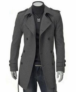 Muli-size Long Style Men's Grey PEA Wool / Polyester Trench Double Breasted Coat