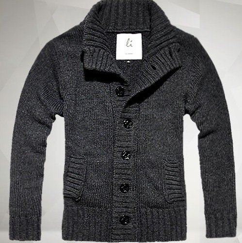 New Design for Fall and Winter Men's Cardigan Heavy Gray Black Button Wool Sweater