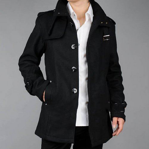 High Quaity Trench Black and Grey Woolen and Cotton Men's Long Sleeve with Buttles Winter Coat