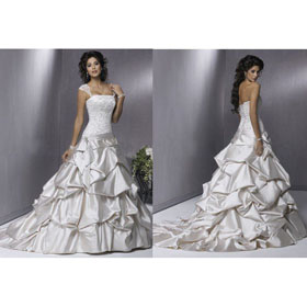 Floor-length Straps Lace Satin Cascading Ruffle Ivory Wedding Dress