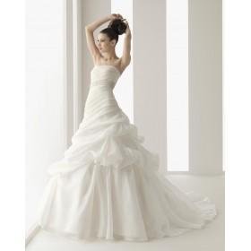 A-line Strapless Sleeveless Beaded Chiffon Draped Court Train Wedding Dresses
