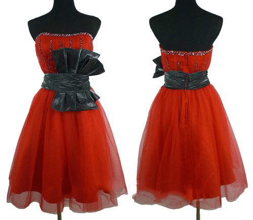 Knee Length Red Strapless Sleeveless Satin Sash with Lovely Front Bow Dress