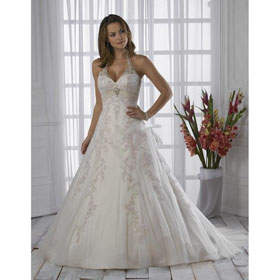 A-line Floor-length V-neck Halter Satin Tulle Cathedral Train Wedding Dresses