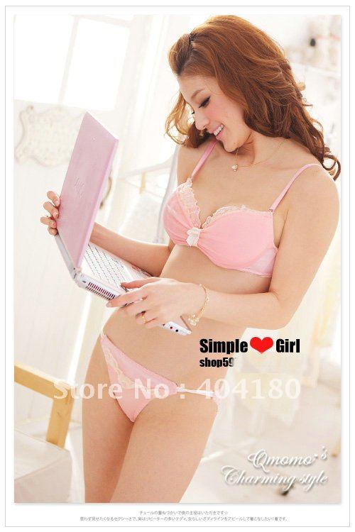 Noble Lace Princess Bowknot Sexy Lovely Bra Underwear Suit Powder