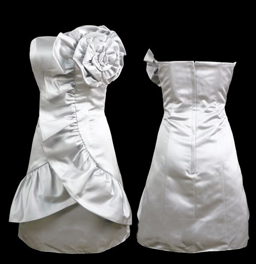New Silver Above Knee Big Pleated Curve Down Strapless Satin Invisible Clubwear