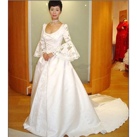 Elegant & Luxurious 100% Polyester A-Line Floor-Length Brush Cathedral Train Wedding Dresses