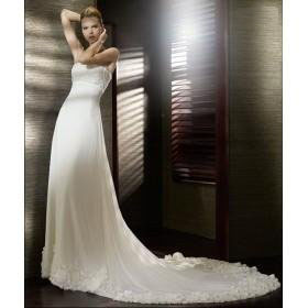 A-line Strapless Sleeveless Applique Chiffon Court Train  Wedding Dresses