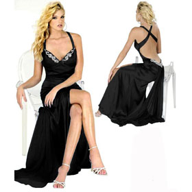 Black V-Neck Split Front Sleeveless Beading Elegant Evening Dress