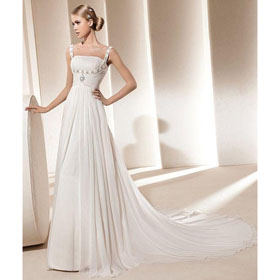 A-line Spoon Straps Sleeveless Beaded Chiffon Court Train Wedding Dress