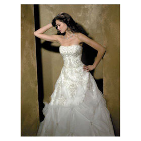 Satin Organza Strapless Ball Gown with Simple Appliqued Chapel Length Train Wedding Dresses
