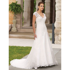 Short Sleeve V-neck Lace Floor-length Cathedral Train Wedding Dresses