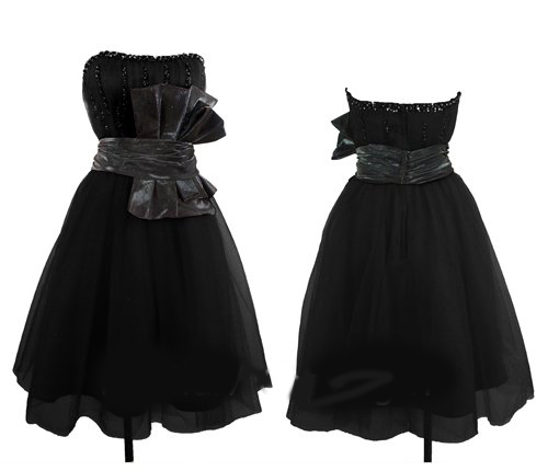 Knee Length Black Strapless Cupped and Boned Bust Satin Prom Cocktail Party Dress