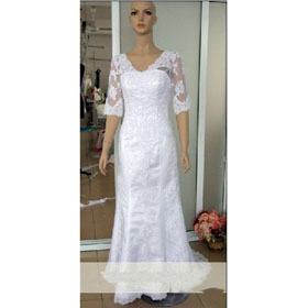 V-neck Straps Lace Organza Beading Half-Sleeve White Wedding Dress