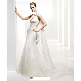One Shoulder Halter Lace-up Draped White Court Train Wedding Dresses