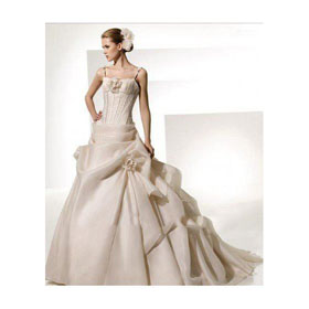 Asymmetrical Spaghetti Straps Satin Appliques Draped Backless Wedding Dresses