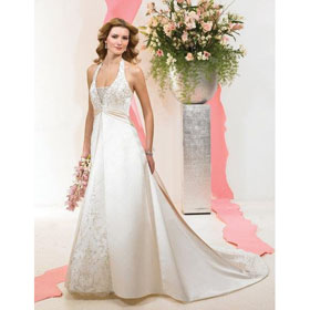 A-line Floor- Length Sleeveless Halter Satin Cathedral Train Wedding Dresses