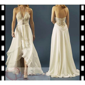 Ivory Split Front Chiffon Embroidery Zip-up Back Sheath Ruffle Bridal Dress