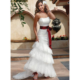 White with Red Bow Sleeveless Stain Asymmetric Mermaid Wedding Dress