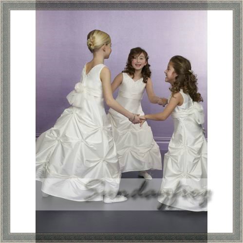 Custom Made Ball Gown Flower Girl Floor-length Taffeta Tie Back Sash Ruched Wedding Dress
