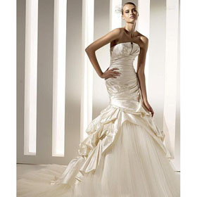 White / Ivory Off-the-shoulder Cascading Ruffle Satin Trumpet Court Train Wedding Dresses