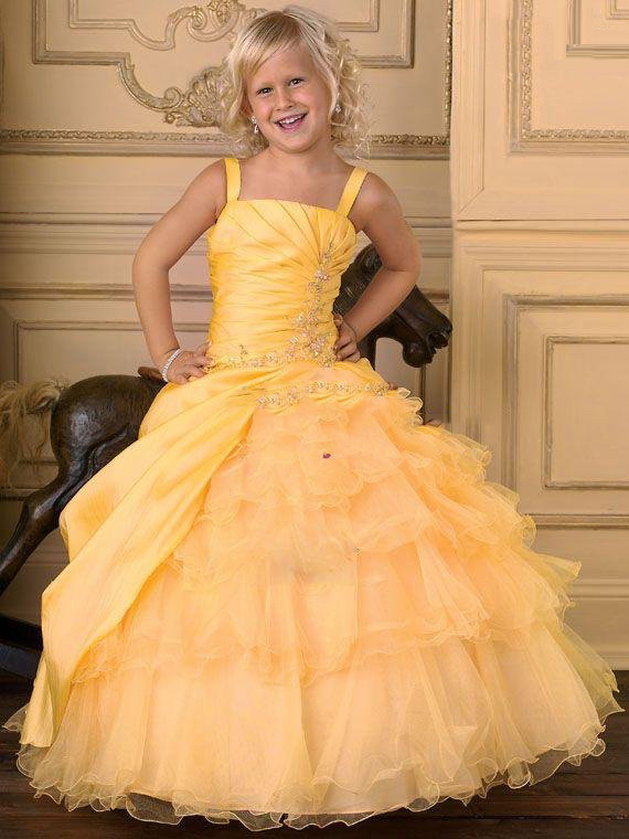 Junior Bridesmaid Princess Court Train Straps Organza Satin Misses Yellow Wedding Dresses