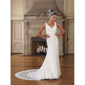 Satin Bateau A-line Floor-Length V-neck Trumpe Bridal Cathedral Train Wedding Dresses