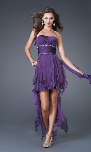 100% Silk Knee Length Strapless Sleeveless Purple Chiffon Short Clubwear