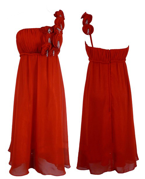 Red One Shoulder Chiffon High Waist with Delicate Handmade Flower Dress