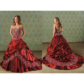 Red Embroidery & Ruffles Floor-length Cathedral Train Wedding Dresses