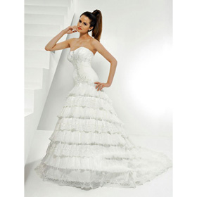 Floor-length Cascading Ruffle Zipper White Satin Sexy Strapless Court Train Wedding Dresses