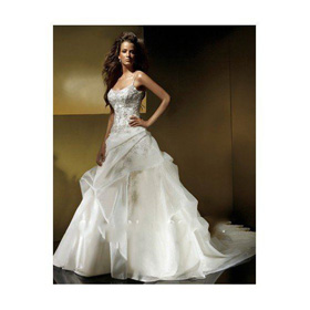 Beaded Spaghetti Straps A-Line Asymmetrical Pick Up with Chapel Train Organza Wedding Dress