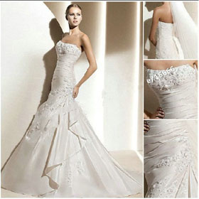 Off-the-shoulder Satin Flowers Strapless Floor-Length A-Line Bride Wedding Dresses