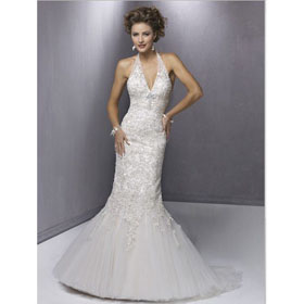 Custom Made Gorgeous Free Shipping Mermaid Organza Halter V-Neck Chapel Train Sleeveless Wedding Dresses For Bride